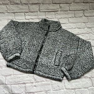 Express women’s fuzzy zip up grey and black sweatshirt